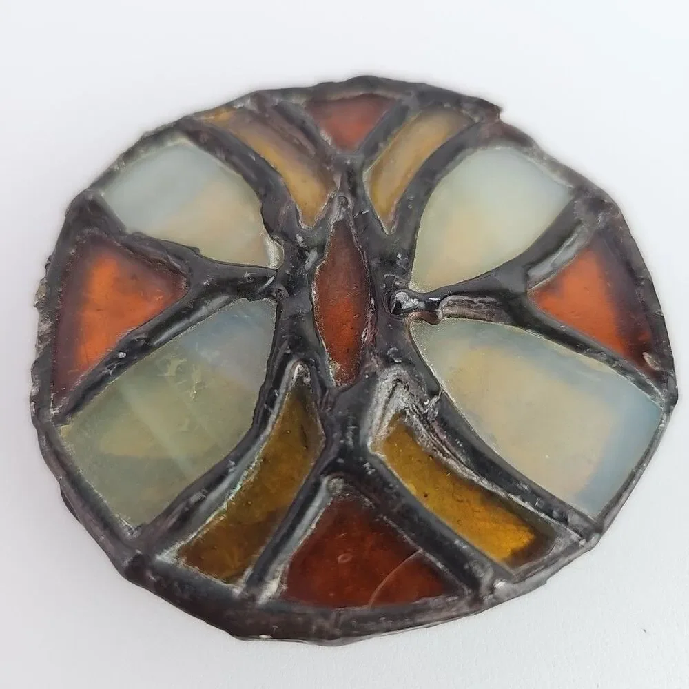 Artisan Craft Stained Glass Style Belt Buckle Earth Tone Artisan Vintage 3 inch